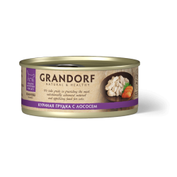 GRANDORF Консервы для кошек, куриная грудка с лососем в бульоне, 70 г