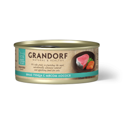 GRANDORF Консервы для кошек, филе тунца с мясом лосося в бульоне, 70 г