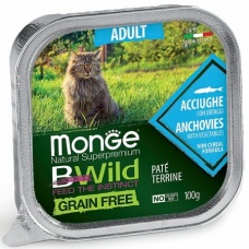 Monge Cat BWild GRAIN FREE беззерновые консервы из анчоусов с овощами для взрослых кошек 100г