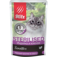 Blitz Sensitive Sterilised пауч для стерилизованных кошек и котов кусочки в соусе Индейка с клюквой, 24 шт